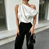 Dames Blouse Schuine Schouder Asymmetrisch Off-Shoulder Strik Blouse Casual Kantoorstijl Losse Pasvorm Satijnen Tops Dagelijkse Kleding