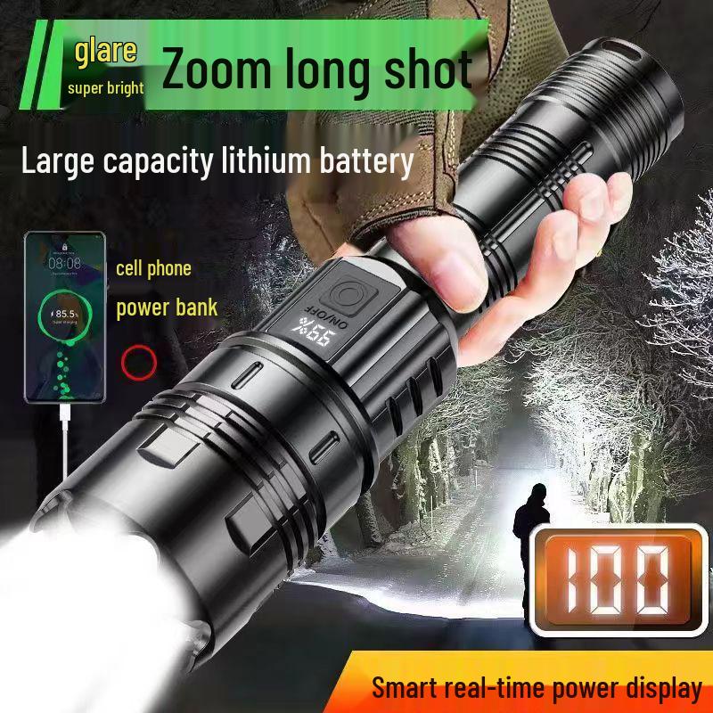 High Power White Laser Zoom Flashlight for Long-Range Outdoor Use with Rechargeable Display