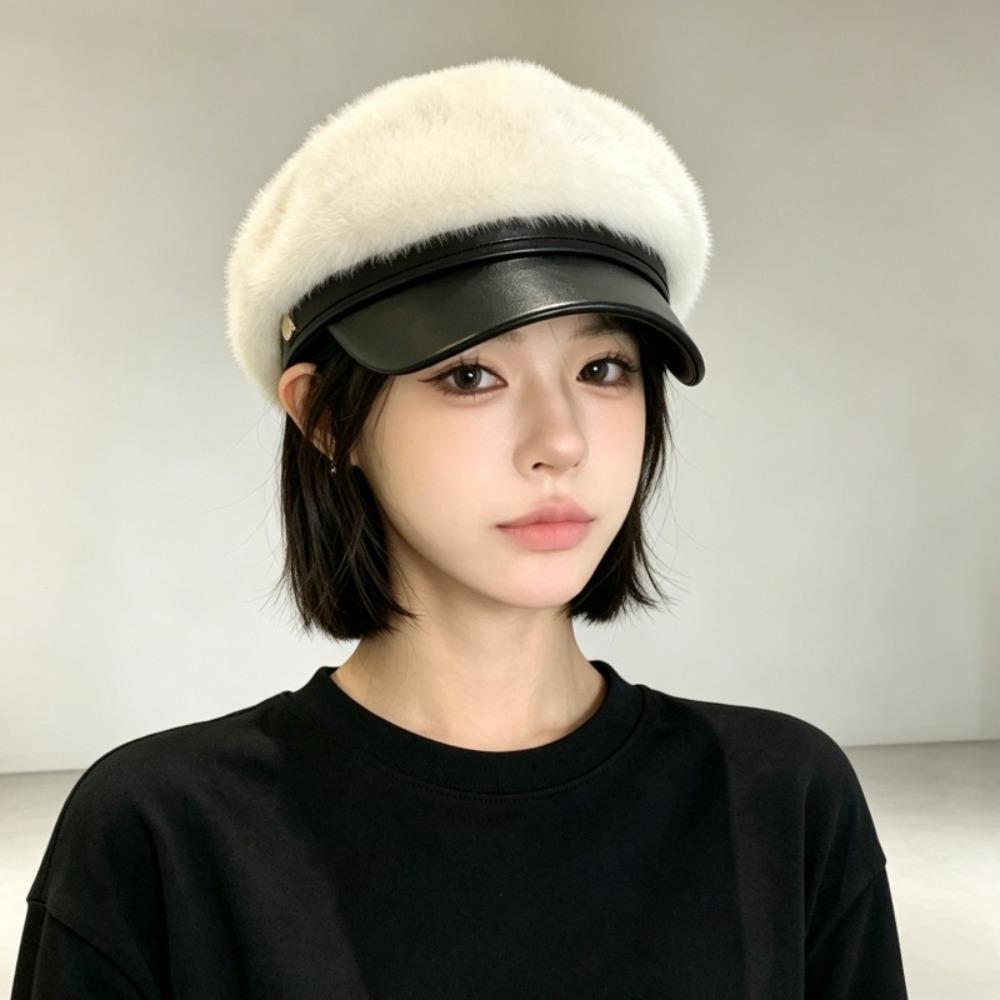 PU Brim Newsboy Cap Adjustable Navy Hat Soft Touch Beret Cap Winter Daily