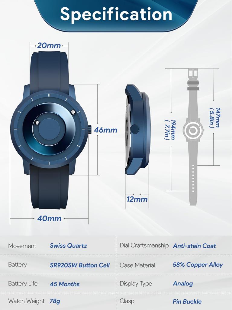EUTOUR Men's Magnetic Watch, Stylish, Simple, Casual Quartz Watch with Magnetic Ball Design, 5ATM Water Resistance, 40mm Dial, Rubber Band, Blue