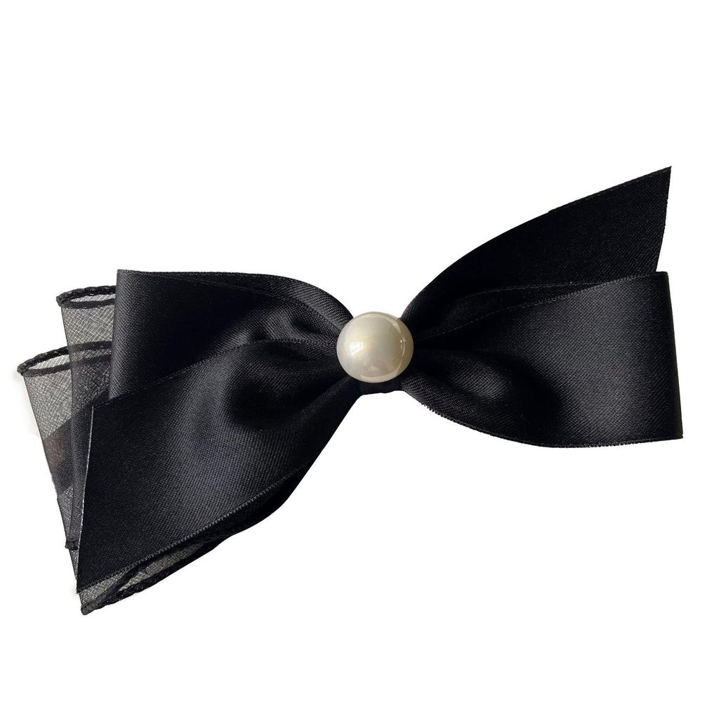 Korean Black Satin Bow Duckbill Clip with Pearls - Elegant Small-Style Hairpin for Side Bangs