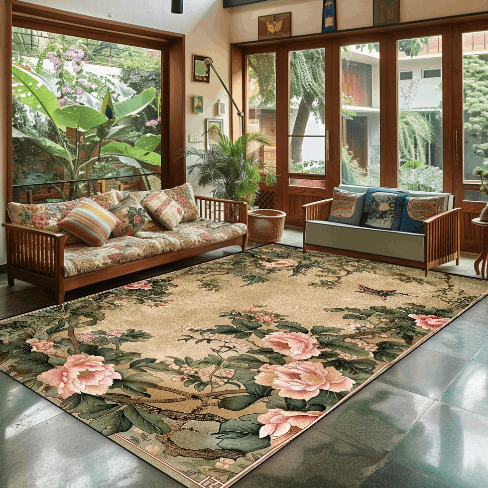 Chinese Style Home Decoration Carpet Living Room Retro Flower Carpets Hall Sofa Chair Floor Mat Bedroom Cloakroom Large Rugs