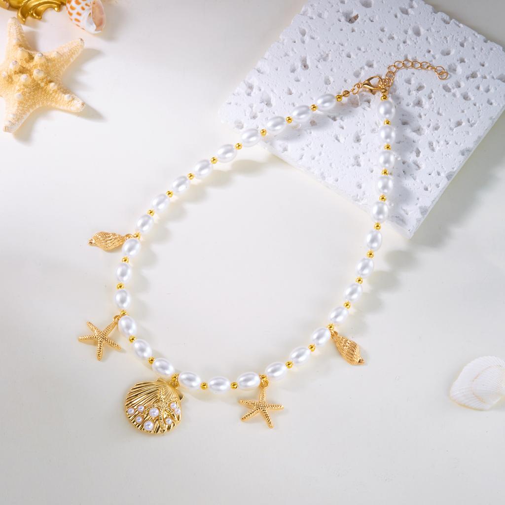 Bohemian Imitation Pearl Choker Necklace for Women Gold Color Shell Starfish Pendant Collar Summer Beach Vacation Jewelry Gift