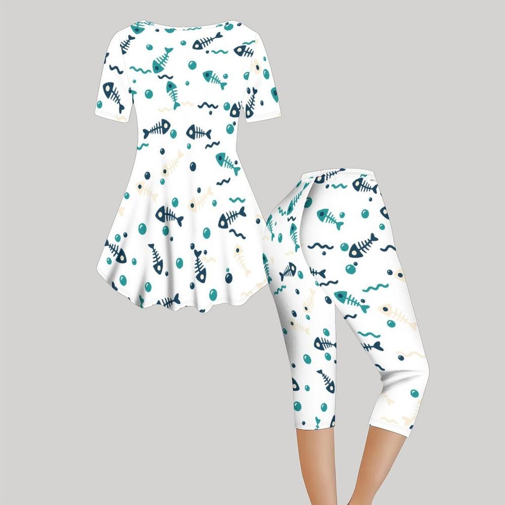 Women Plus Size White Haunted House Printed Round Neck Short Sleeve Top Capri Pants Two Piece Set