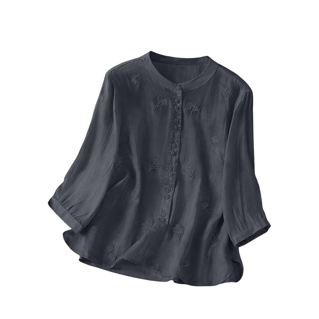 Women's Retro Cotton Linen Embroidered Thin Linen Three-Quarter Sleeve Top