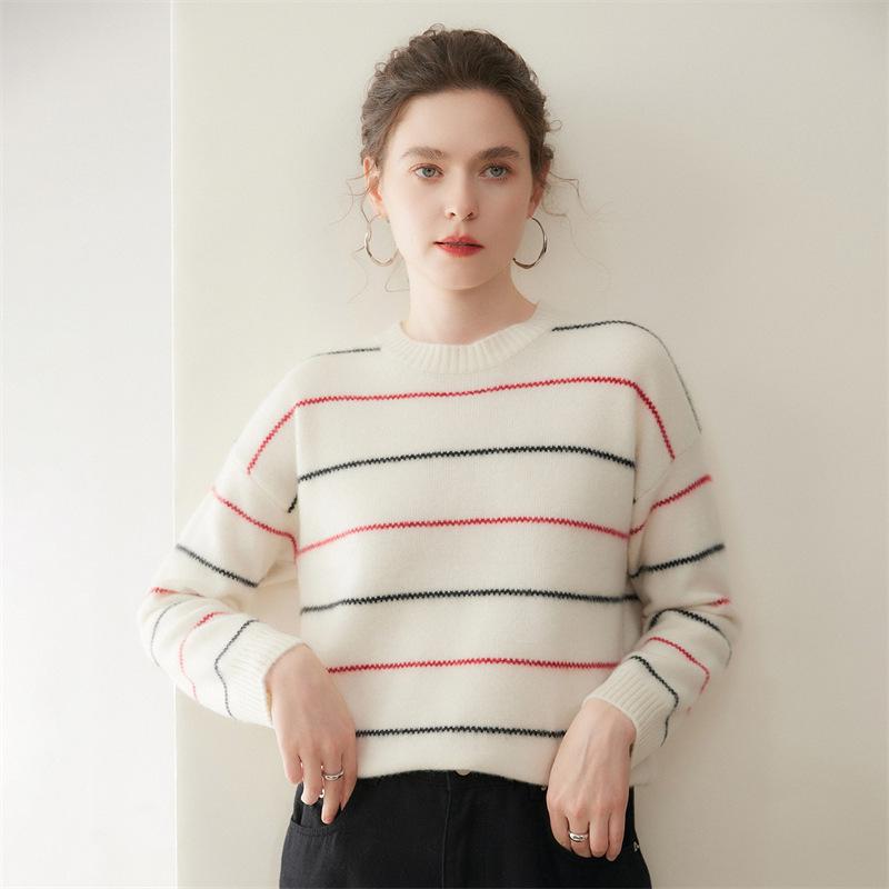 New Arrival Cashmere Striped Knit Women's Sweater – Loose Slimming Pullover for Autumn and Winter