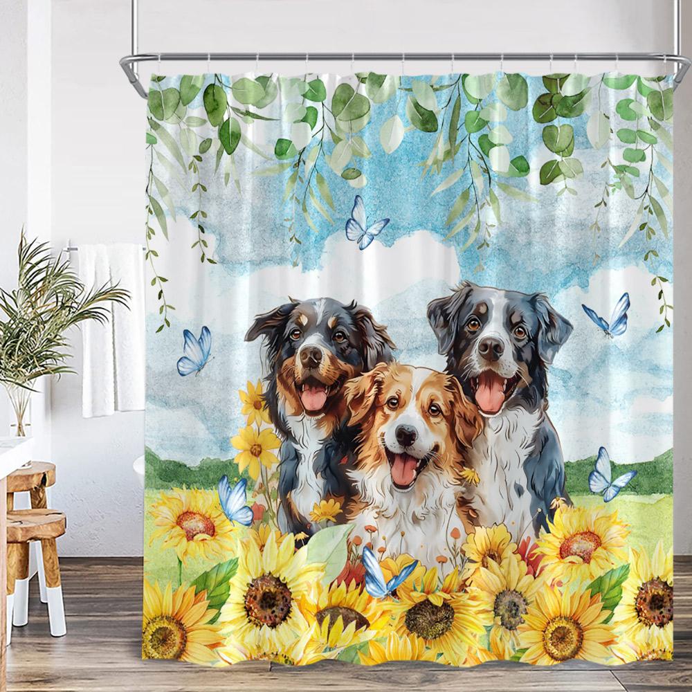Funny Animals Shower Curtain Cat Riding Shark Corgi Dog Cartoon Children Bathroom Curtain Kids Polyester Bath Decor with Hooks