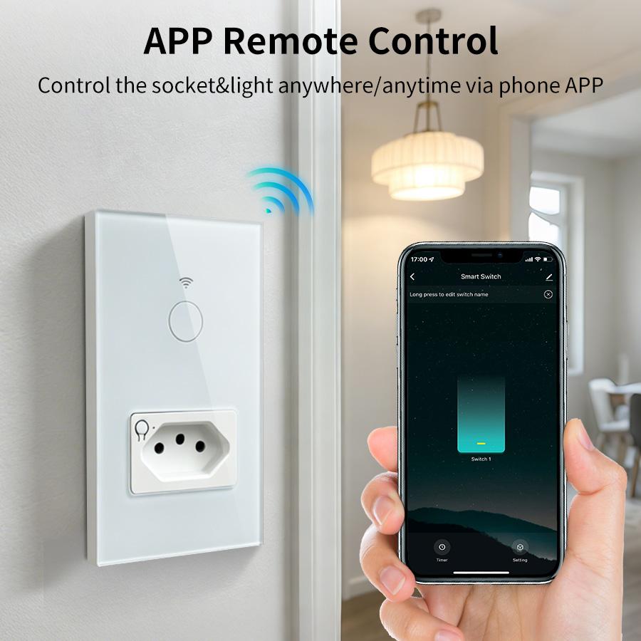 Tuya WiFi Smart Light Switch with Socket Brazil Standard Wall Touch Switches 10A Smart Plug Outlet Work With Alexa Google Home