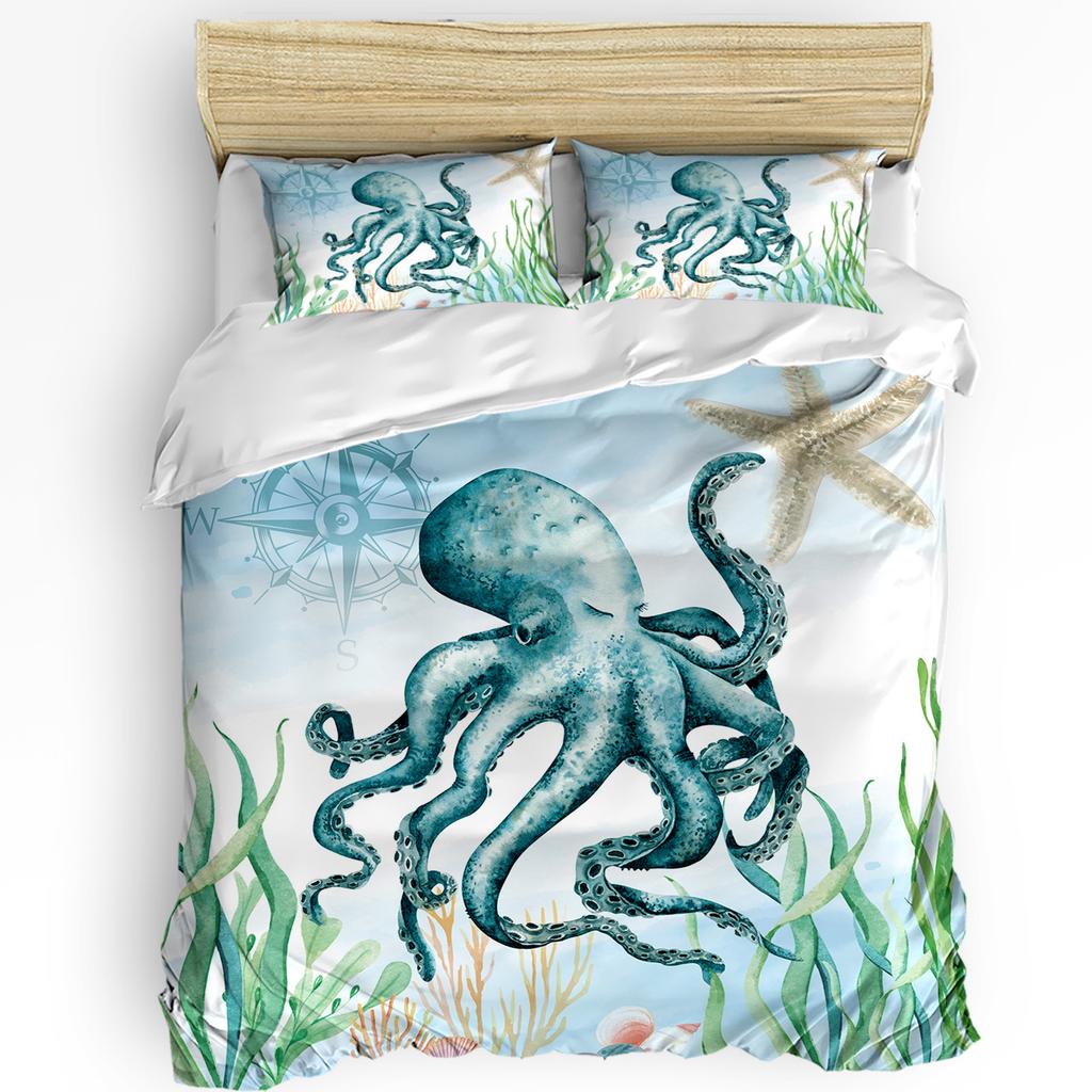 Nautical Theme Sea Turtle Starfish Compass Duvet Cover with Pillow Case 3pcs Bedding Set Quilt Cover Double Bed Home Textile