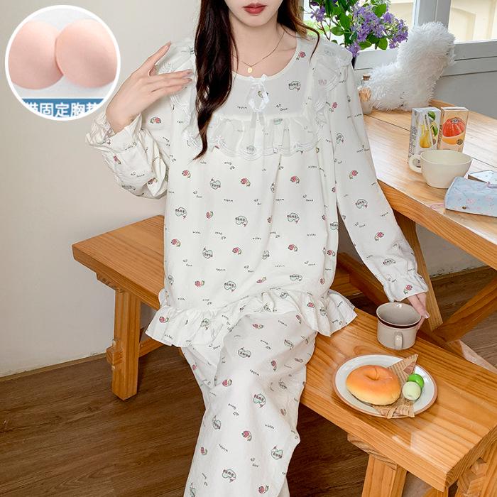 Women's Princess Style Cotton Pajama Set with Padded Bust - Lace Trim Long Sleeve for Spring/Autumn