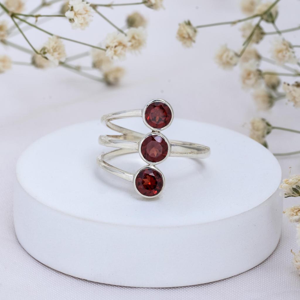 Elegant 925 Sterling Silver Triple Garnet Ring – Handmade Adjustable Stackable Red Stone Ring for Women