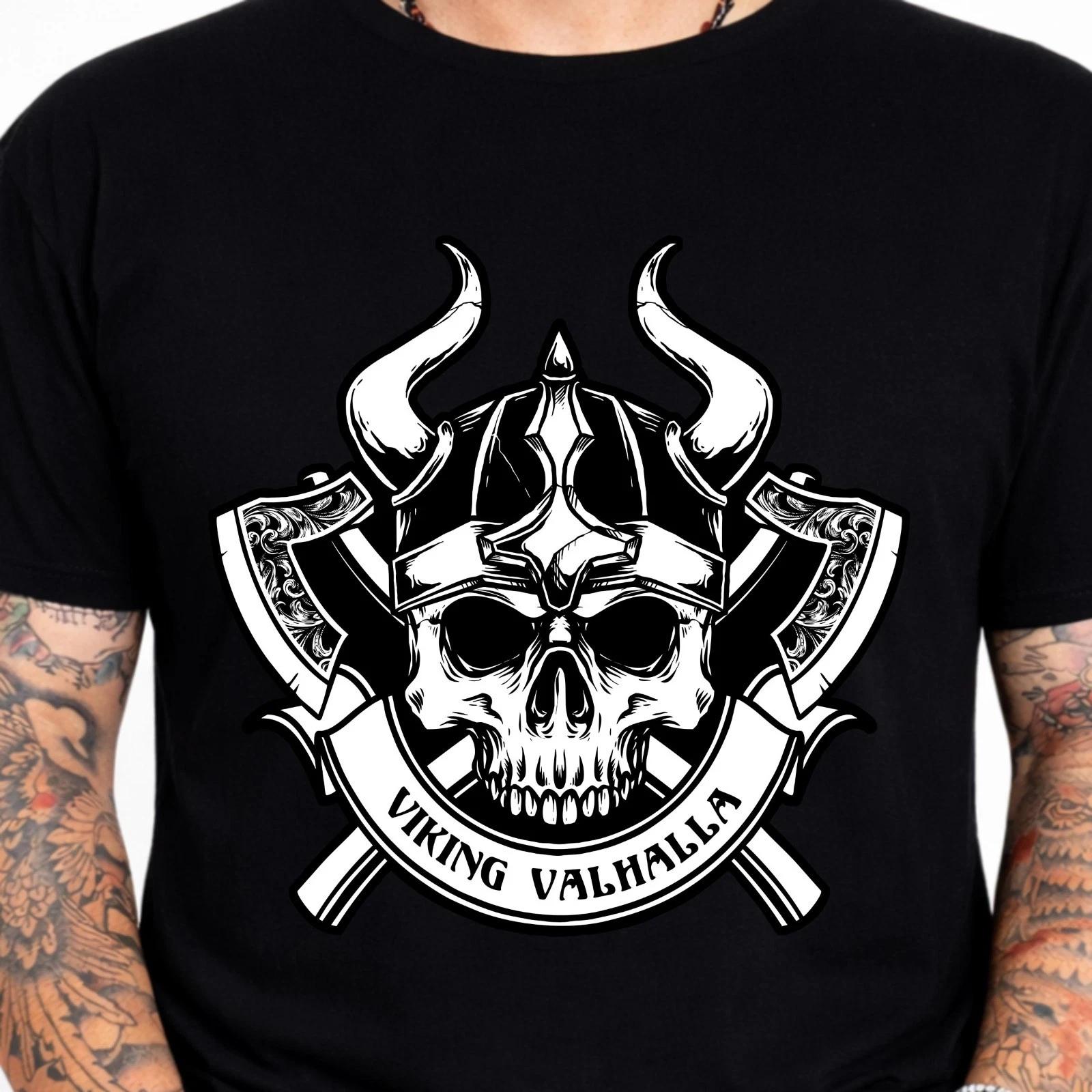 Viking Valhalla Skull Helmet Axe T-Shirt Norse Warrior Gym Biker Odin Tee L