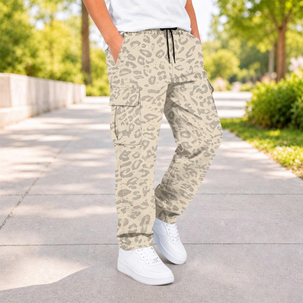 Boys Leopard Print Cargo Pants with and Pockets Casual Everyday Trousers