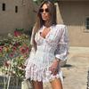 Vestido floral de manga larga con estampado de cuello en V profundo para mujer Mini vestidos delgados de cintura alta con retazos de encaje Vestido de vacaciones elegante de fiesta de moda callejera para mujer