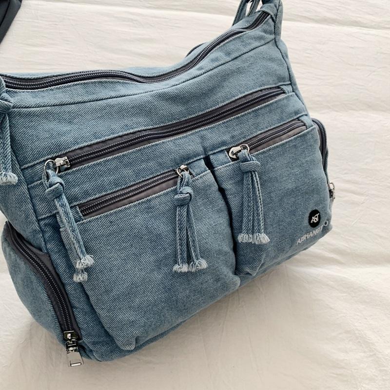 Multi Pocket Denim Crossbody Bag Adjustable Strap Large Capacity Casual Shoulder Purse for Women
