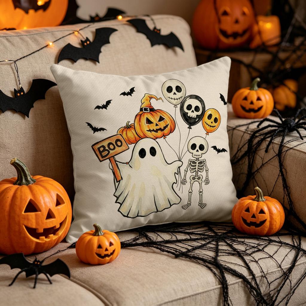 Halloween Decorative Pillow Cover Linen Material Indoor Sofa Cushion Case with Ghost Pumpkin Skeleton Balloons Design for Seasonal Home Decor