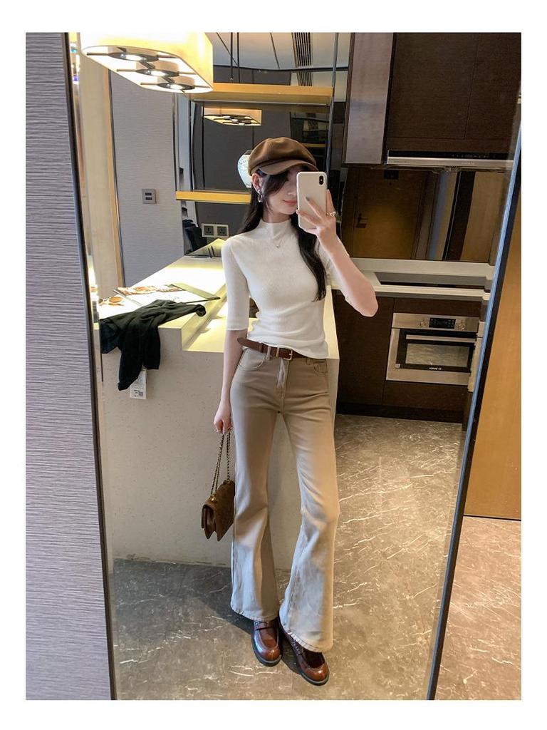 Korean Chic Elegant Half-High Neck Slim Fit Mid-Sleeve Knit Top for Women - 2026 New Arrival