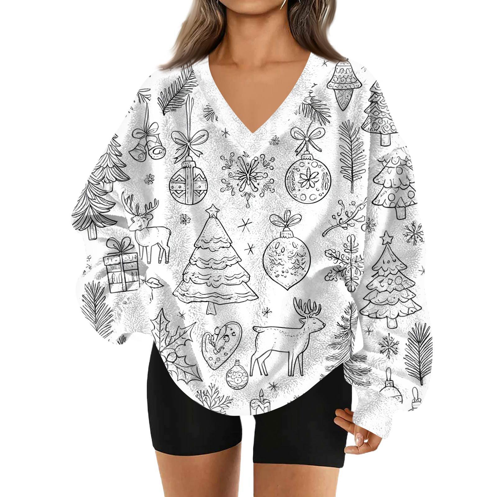 

Women s Fashion Casual Long Sleeve Christmas Printed V-Neck Top Sweatshirt XL