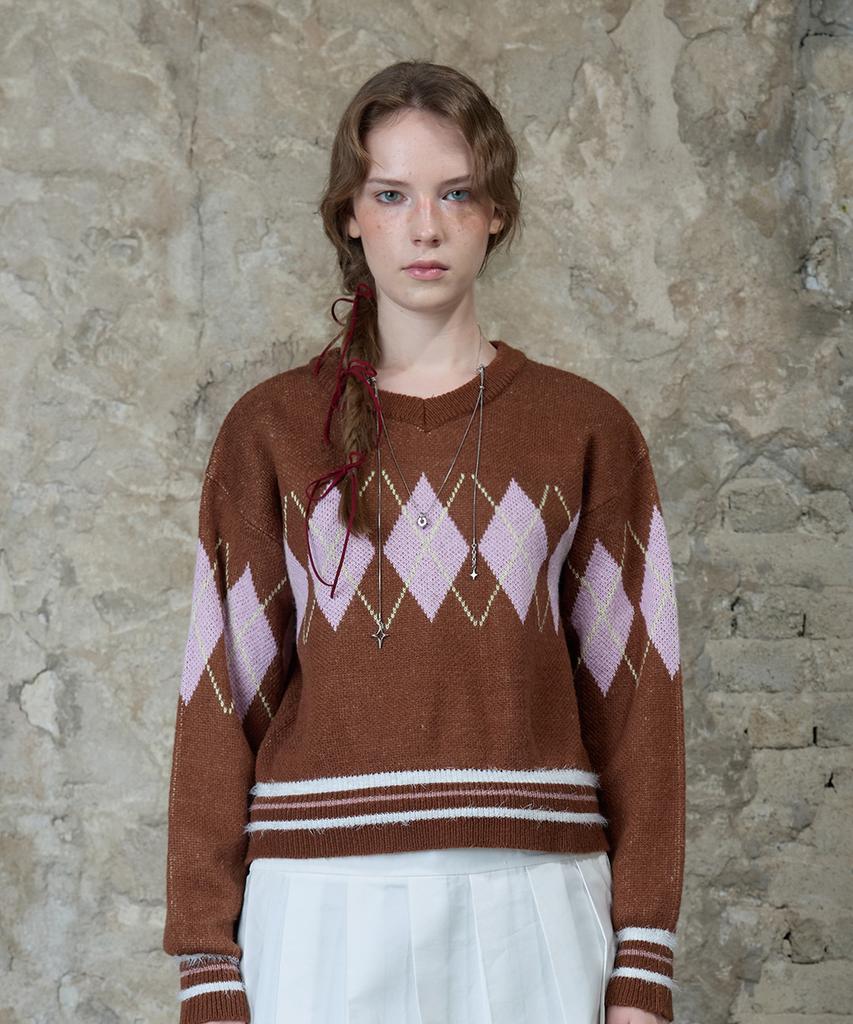LARTIGENT L13 Argyle V-Neck Knit(Brown)