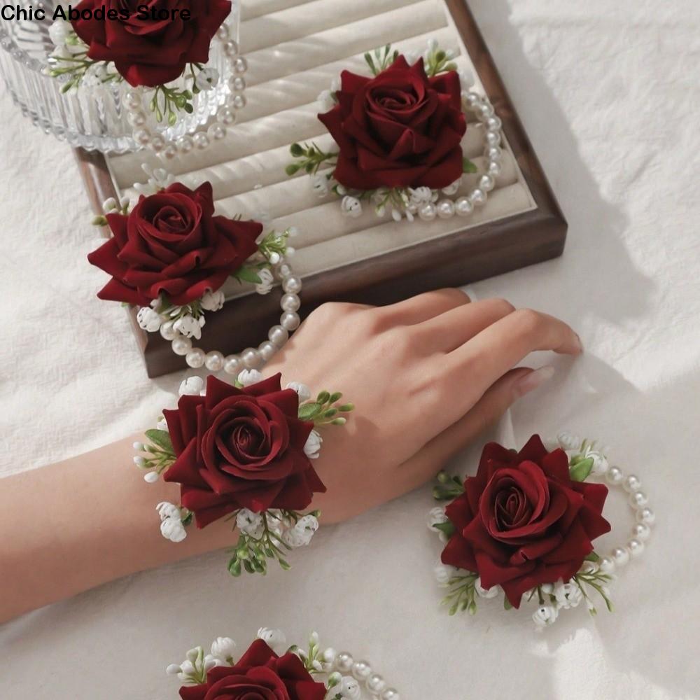 6PCS/SET Artificial Rose Flower Wrist Flower Silk Flower Beautiful Bridesmaid Corsage Exquisite Wedding Wrist Corsage