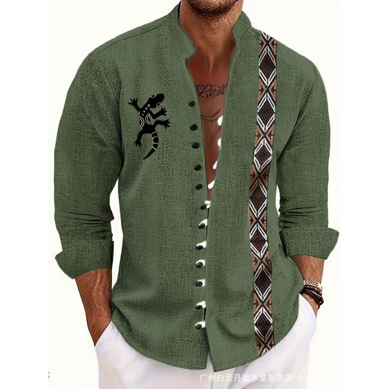 Men S Long Sleeve Chinese Style Button Placket Printed Shirt