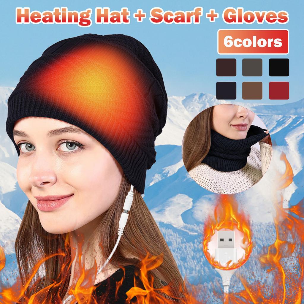 Buy 2in1 USB Heated Knitted Hat Neck Gaiter Set Winter Warm Fleece