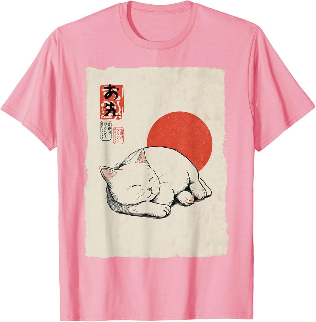 Gatto Bianco Dormiente Arte Giapponese Stile Ukiyo E Maglietta Grafica Casual in Cotone
