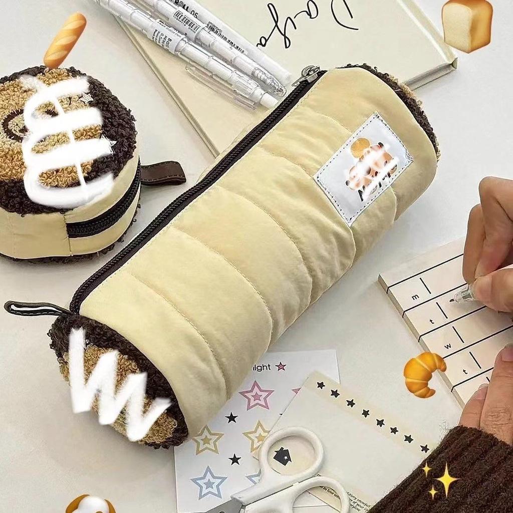 Xiaohongshu Cute Puppy Embroidered Pencil Case - Milk Puff Towel Design, Large Capacity Stationery Bag.