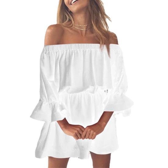 

Women Dress Off Shoulder Ruffles Summer Solid Color Strapless Mini Dress for Daily Wear XL белый