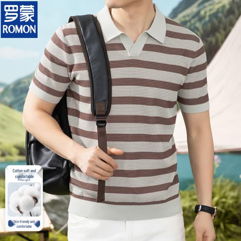 Luomeng Men s Striped Polo Shirt with Seagull Collar 4XL кофейный