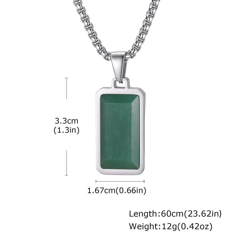 Green Natural Stone Dog Tag Necklace for Men,Stainless Steel Green Dongling Stone Square Pendant Necklace Gift