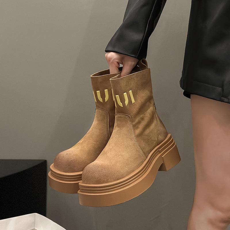 European Station Women's Boots 2025 Autumn New Leather Thick-soled Heightened and Thin Elastic Martin Boots Short Boots Women