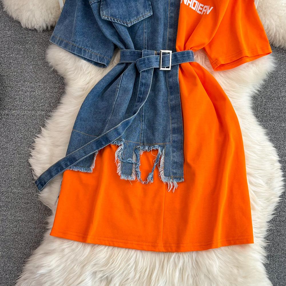 Damska koszula dżinsowa w stylu retro z Hongkongu, z temperamentem, w talii z paskiem, z okrągłym dekoltem, z blokami kolorów, wiosenna i letnia, szykowna, casualowa, średniej długości sukienka