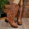 Shoes for Women 2024 High Quality Mid-Calf Women's Boots Outdoor Modern Boots Women Embroidery Slip-on Square Heel Ladies Shoes