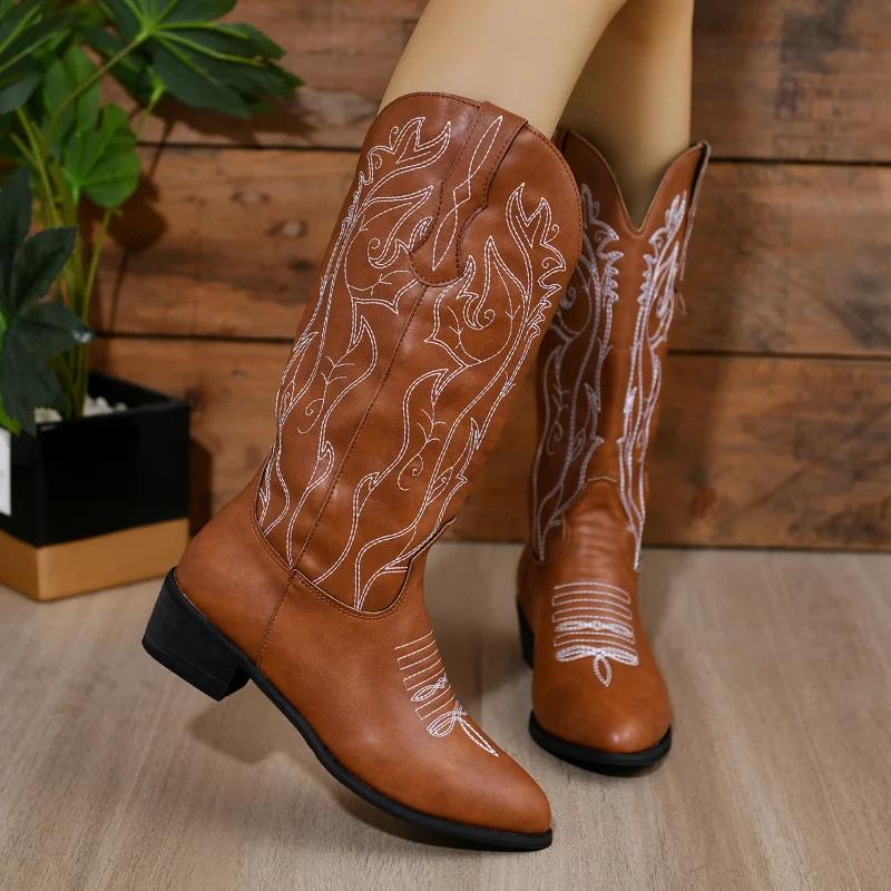 Shoes for Women 2024 High Quality Mid-Calf Women's Boots Outdoor Modern Boots Women Embroidery Slip-on Square Heel Ladies Shoes