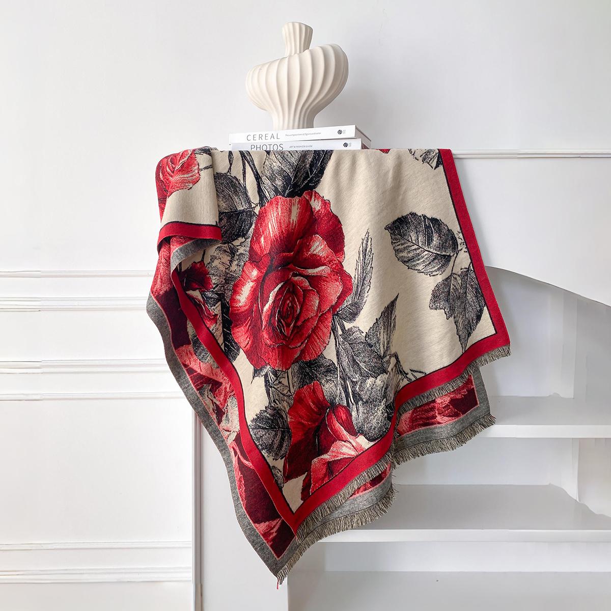 Yto Scarf Women's Winter Rose Print Pashmina Shawl Cashmere Feel Large And Warm Ideal For Outdoor With Tassels Blanket Poncho