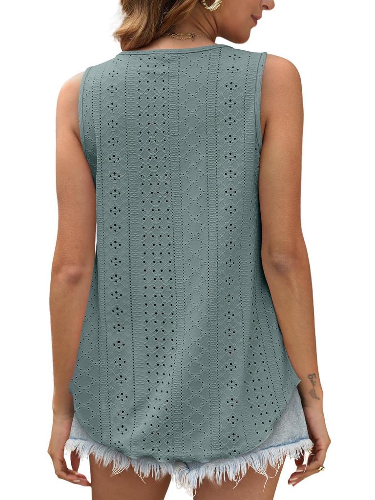 European & American Women's Summer Crew Neck Eyelet Sleeveless Tank Top T-Shirt