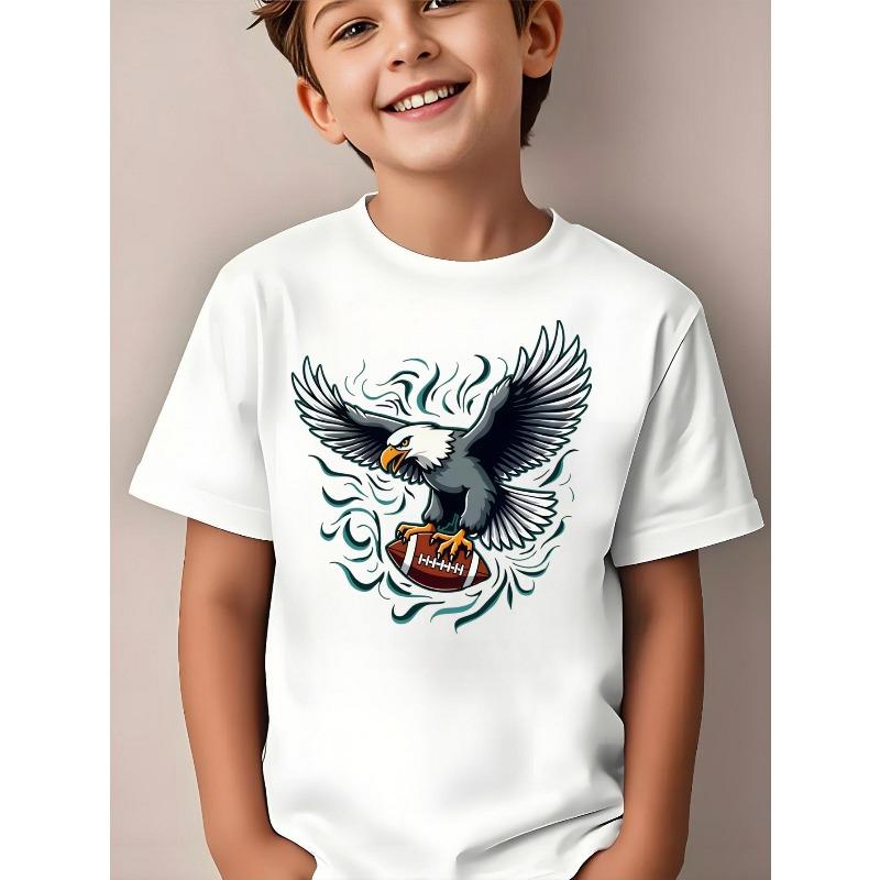 European Sizes Fashionable Short-Sleeve Shirt for Boys Featuring a Fierce Eagle And a Football! This Black T-Shirt Embodies a Sporty Vibe