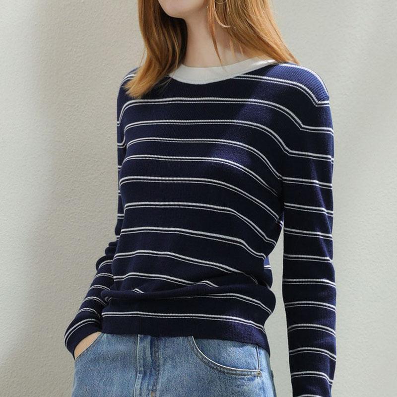 

Новый осенне-зимний французский винтажный полосатый контрастный трикотажный свитер с круглым вырезом, облегающего кроя, универсальный, омолаживающий, в западном стиле, для женщин S темно-синий