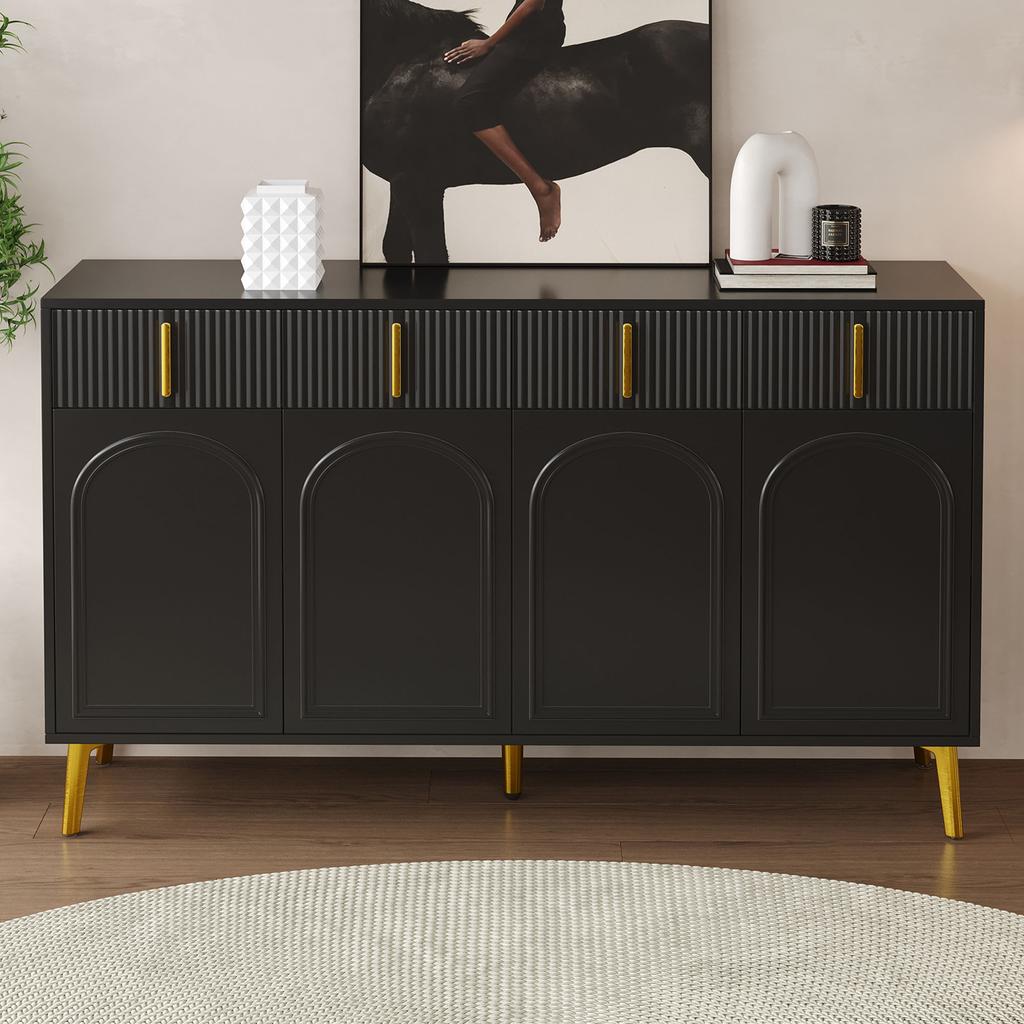 Sideboard mit goldenen Griffen und Beinen, 4 Türen, 4 Schubladen, mit abnehmbarer Laminatplatte, geeignet für Wohn- und Esszimmer, 140*38*82 cm.