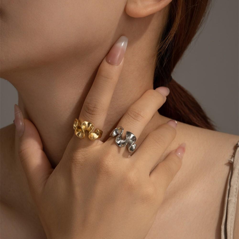 Simple Niche Geometric Wavy Open Ring Female Non-Fading Pleated Stainless Steel Ring Wind Index Finger Ring Premium