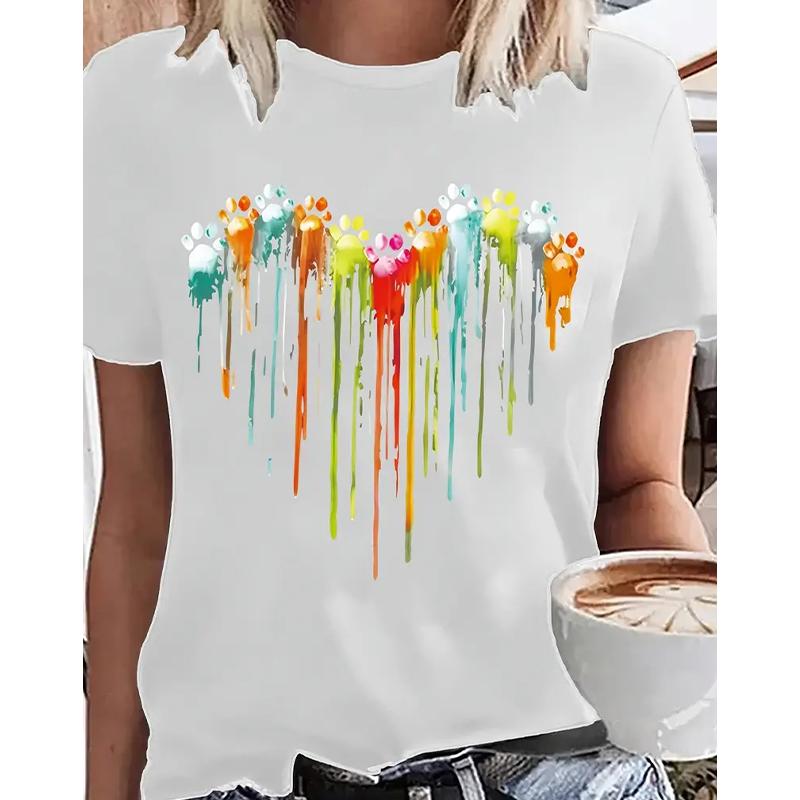 Women Summer T Shirt Retro Fashion Short Sleeve Tees Casual Colorful Love Printed  Tops