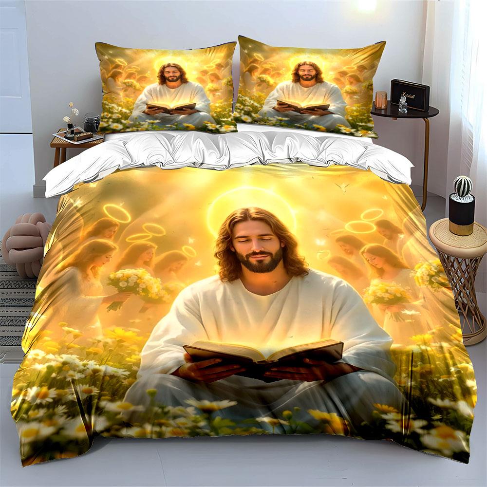 Saints Reading Amidst Angels Print Bedding Set 1 Duvet Cover 2 Pillowcases for Adult and Children Luxury Gift Full Size