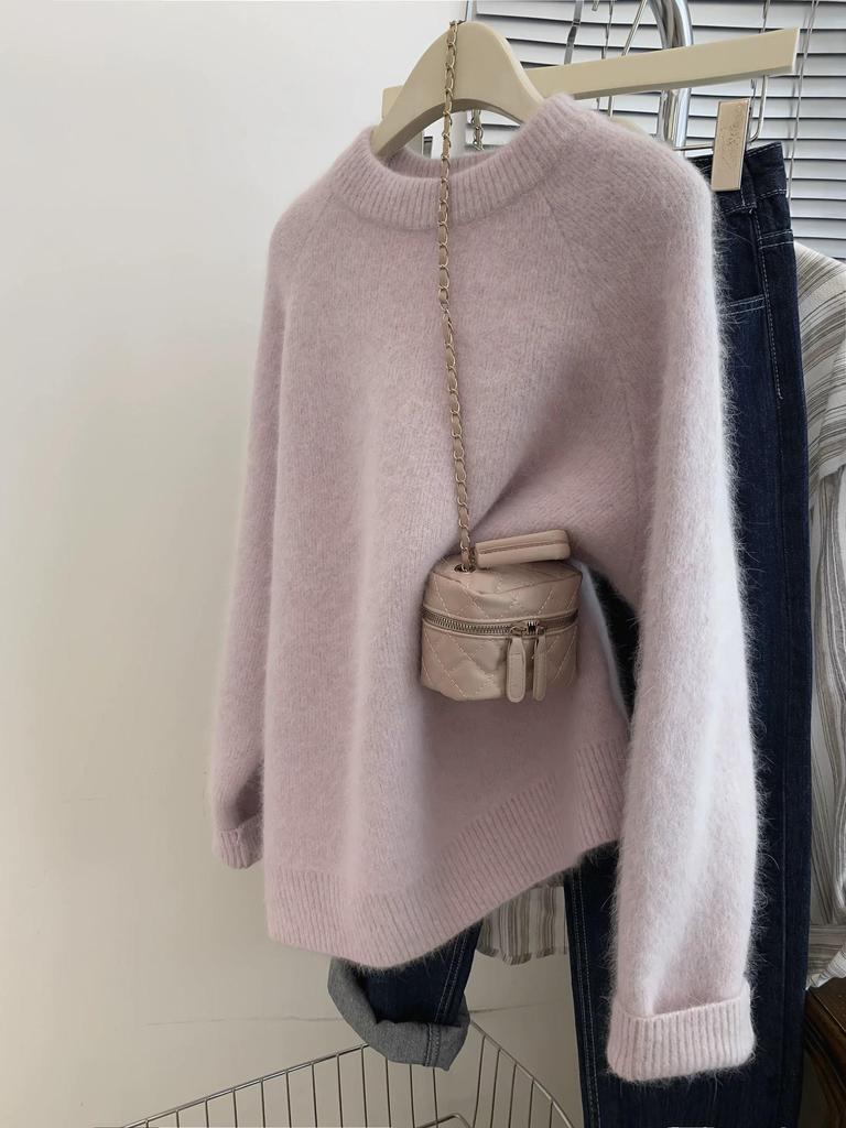 2025 Winter European Women's Pink Cashmere Blend Raglan Sleeve Loose Sweater