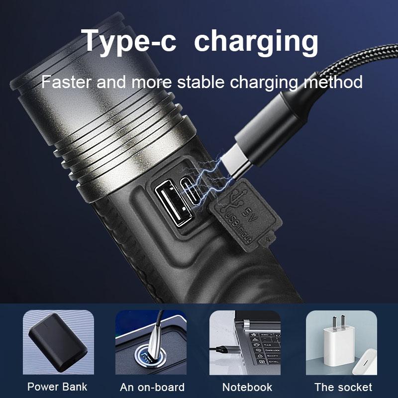 Powerful Flashlight 200W LED Torch High Lumen 1000000LM Lamp Dimmable Flash Light Waterproof Torch Light Rechargeable Lantern