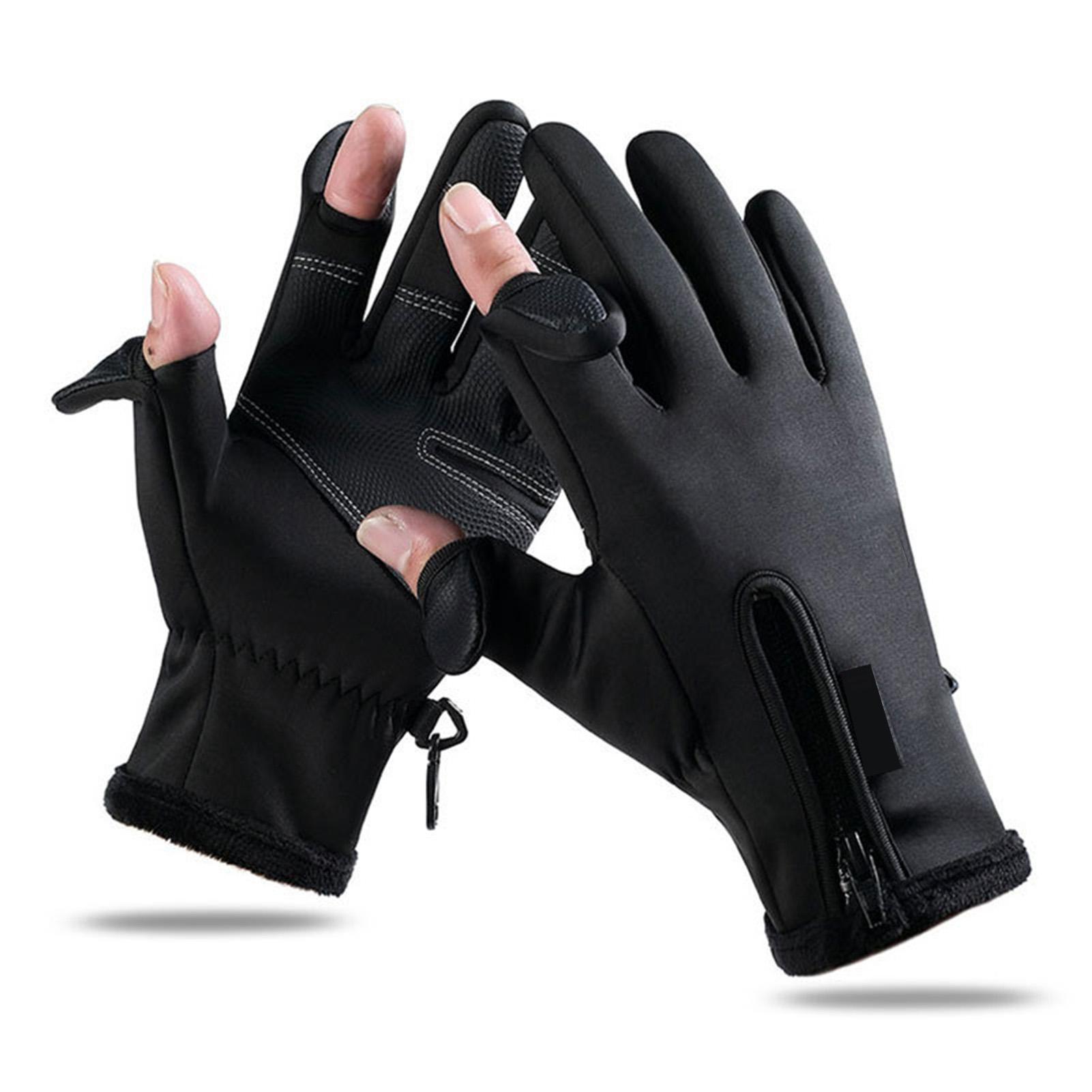 Fishing Gloves Warm Padded Thickening Touchscreen 2 Cut Fingers Waterproof Cycling Gloves Black