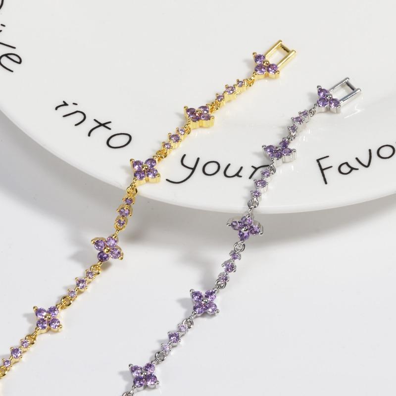 Gold Plated Amethyst CZ Four-Leaf Clover Tennis Bracelet – Luxury Purple Jewelry, Sparkle Gift for Women