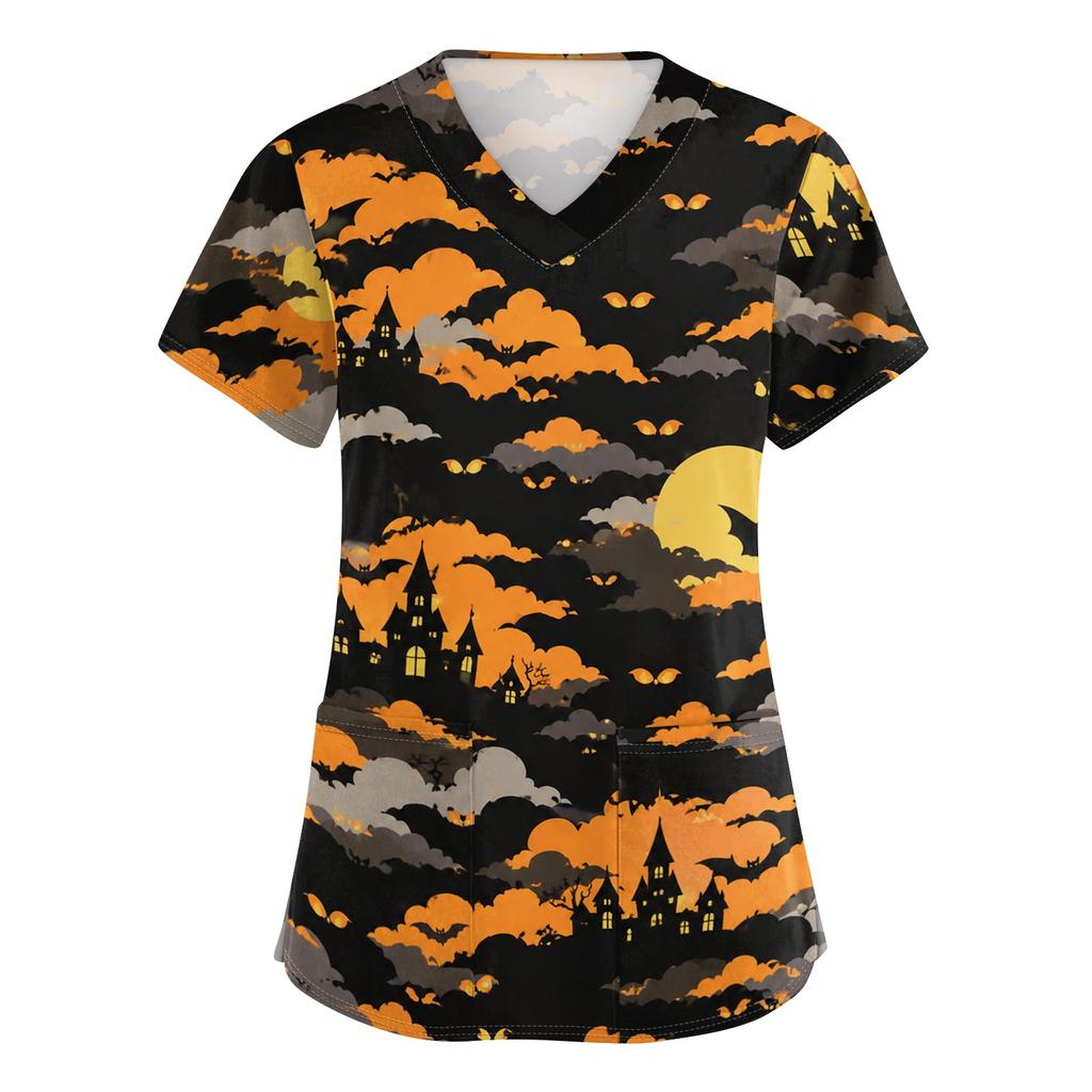 Women's V Neck Halloween Print Short Sleeve Medical Scrub Top with Pocket Side Slit Design Suitable for Healthcare Professionals