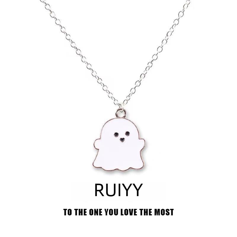 Black and White Ghost Necklace: Halloween Pendant Two-Piece Set for Girlfriend or Couple, Back-to-School Gift