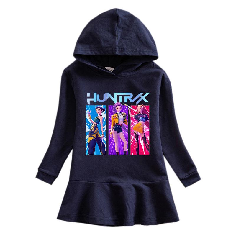 Kpop Demon Hunter Girls' Rainbow Ruffle Hooded Dress – Long Sleeve Princess Style for Spring & Autumn